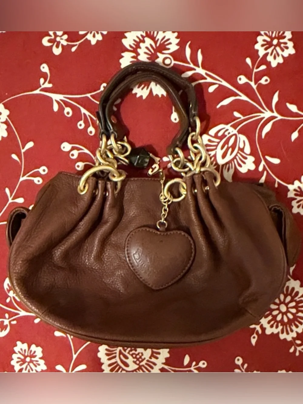 Vintage Juicy Couture 100% Cow Hide Brown Leather Shoulder Bag with Heart Char